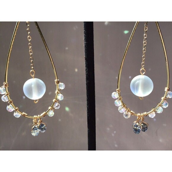 Handmade Wire Wrapped Dangle Earrings Sparkle Iridescent Mermaid Boho - Picture 3 of 7